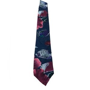 Je Suis tropical fish silk tie. Blue & dark pink/purple. Excellent condition.